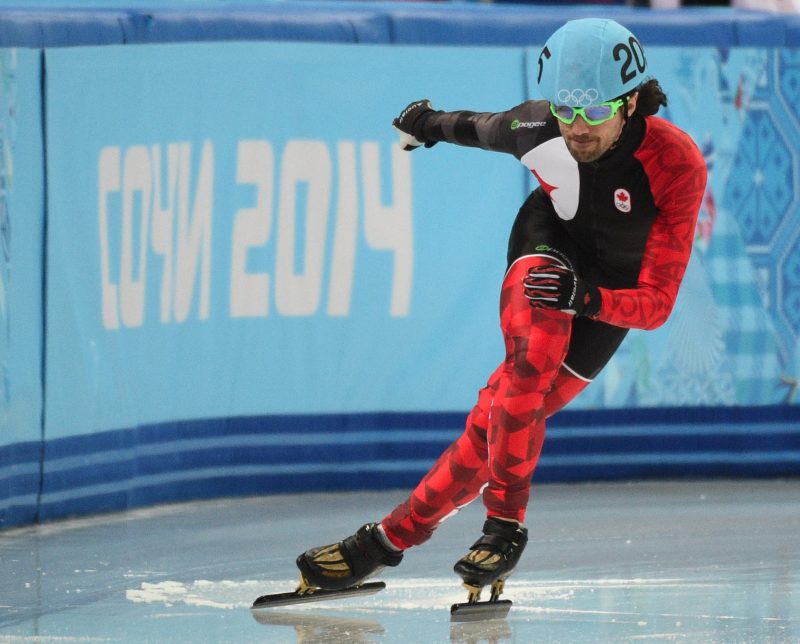 Charles Hamelin of Sainte-Julie, QC  falls during the qualification of the 1000 m 
at the 2014 Winter Games in Sochi Russia, on 15 february 2014. 
