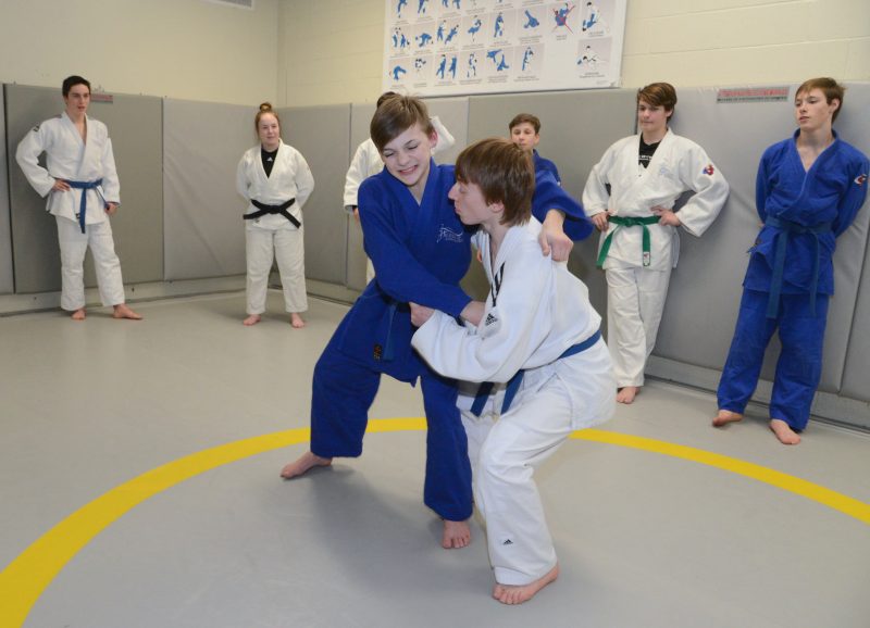 Audrey Dion (2e en arrière à gauche) observant ses judokas sur le tatami.