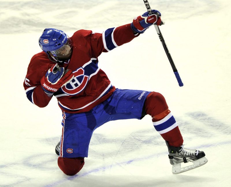 Montreal Canadiens' P.K. Subban celebrates after scoring the winning goal against the Calgary Flames during overtime National Hockey League action Monday, January 17, 2011  in Montreal. THE CANADIAN PRESS/Ryan Remiorz