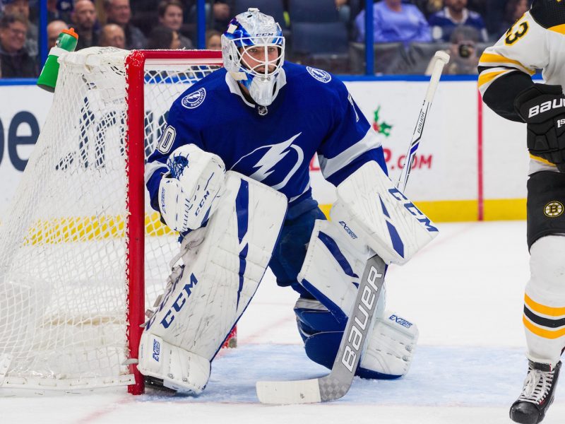 TAMPA, FL - DECEMBER 6: Goalie Louis Domingue #70 of the Tampa Bay Lightning skates against the Boston Bruins during the second period at Amalie Arena on December 6, 2018 in Tampa, Florida. (Photo by Scott Audette/NHLI via Getty Images)