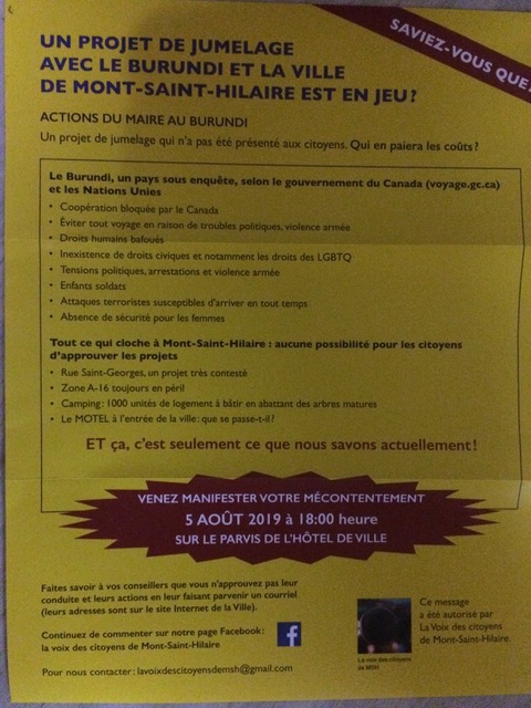 L'invitation à la manifestation du 5 août, sur le parvis de l'hôtel de ville de Mont-Saint-Hilaire.
