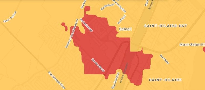 Le site de Rogers permet de voir en rouge la couverture 5G à Belœil et dans la région. Cette nouvelle technologie est le fruit d’une simple mise à jour des installations déjà en place. Capture d’écran