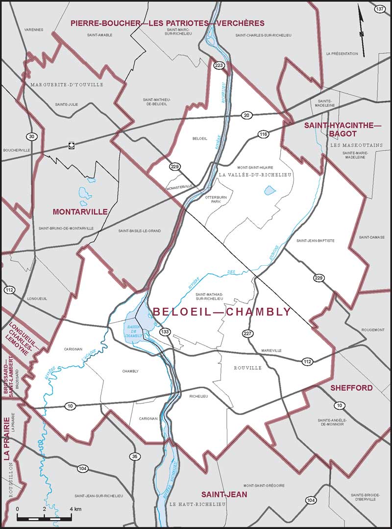 Les limites actuelles de la circonscription de Belœil–Chambly. Photos gracieuseté