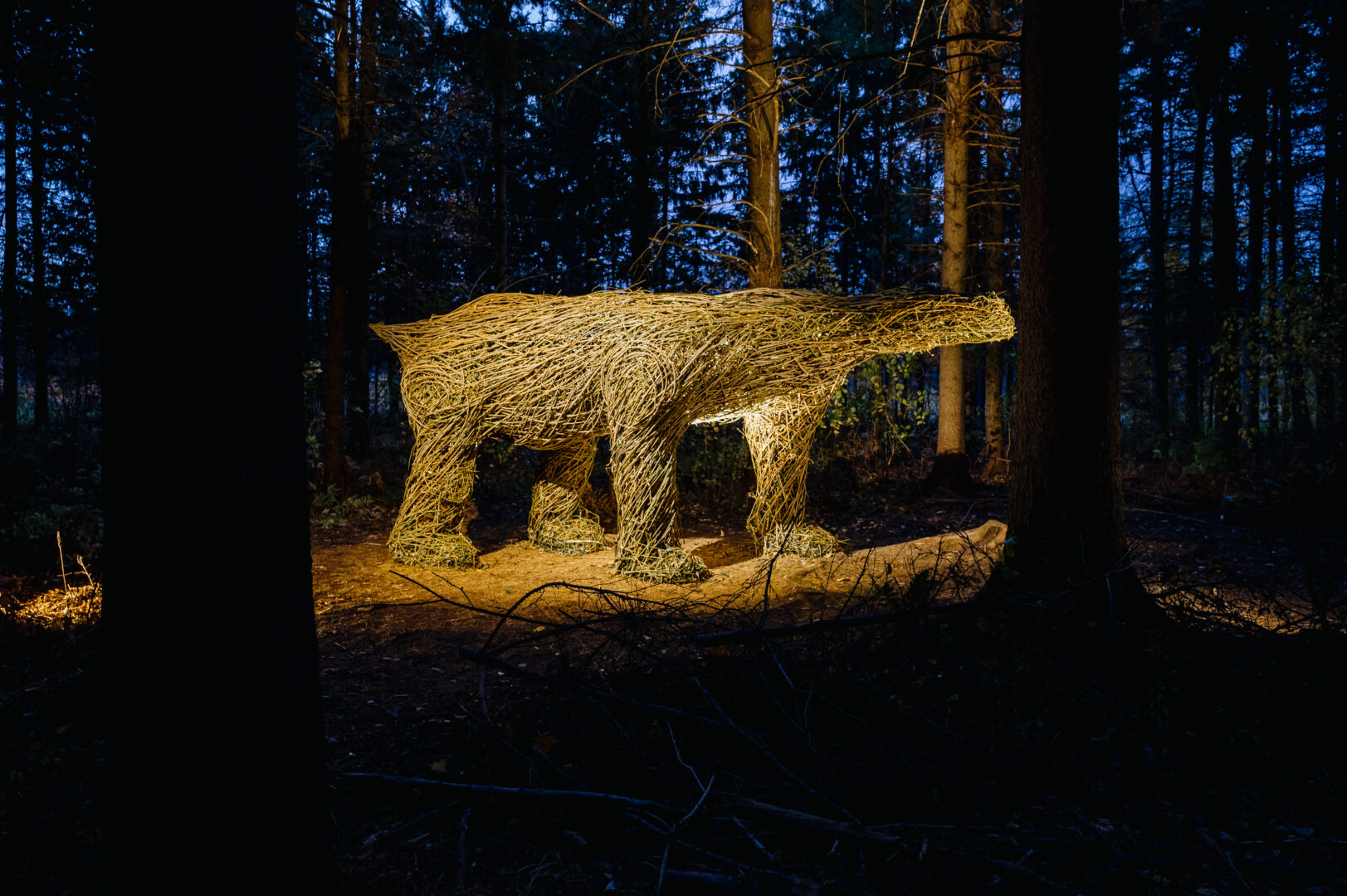 Pour la première fois, Créations sur-le-champ / Land art a proposé la formule Vue nocturne, une visite du site la nuit. On peut voir ici l’œuvre « Monstroso tetrapodicus » de Rebecca et Marc Antony Haden Ford. Photo Véronic Moisan