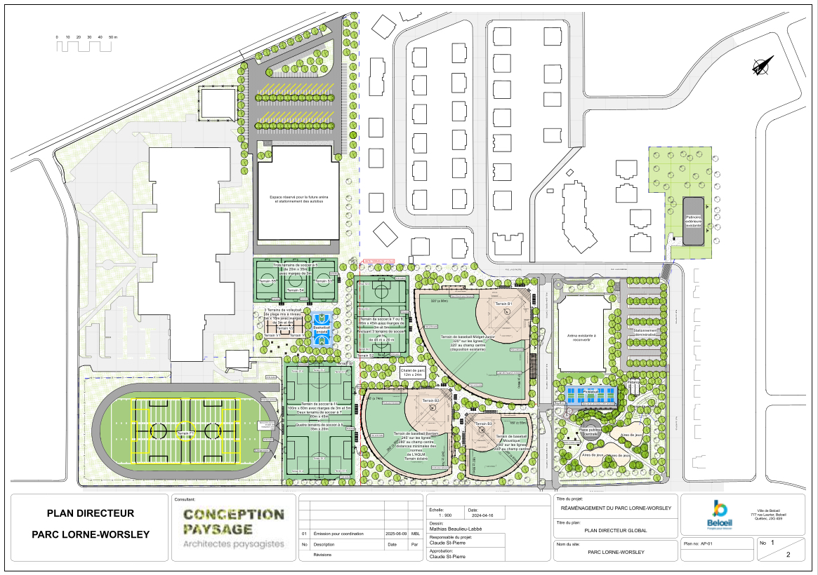 La proposition préliminaire du futur aménagement du parc Lorne-Worsley a été présentée à la population à l’occasion d’une consultation publique le 11 juin dernier, mais la Ville assure que rien n’est encore « coulé dans le béton » à ce stade. Plan Conception Paysage